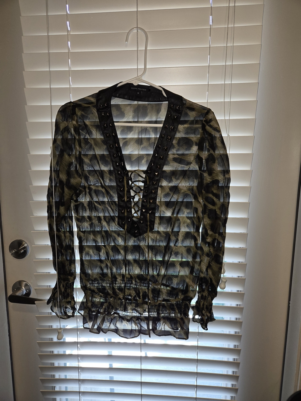Peppe Peluso Olive and Black Camo Studded Lace-Up Sheer Blouse - Picture 2 of 6